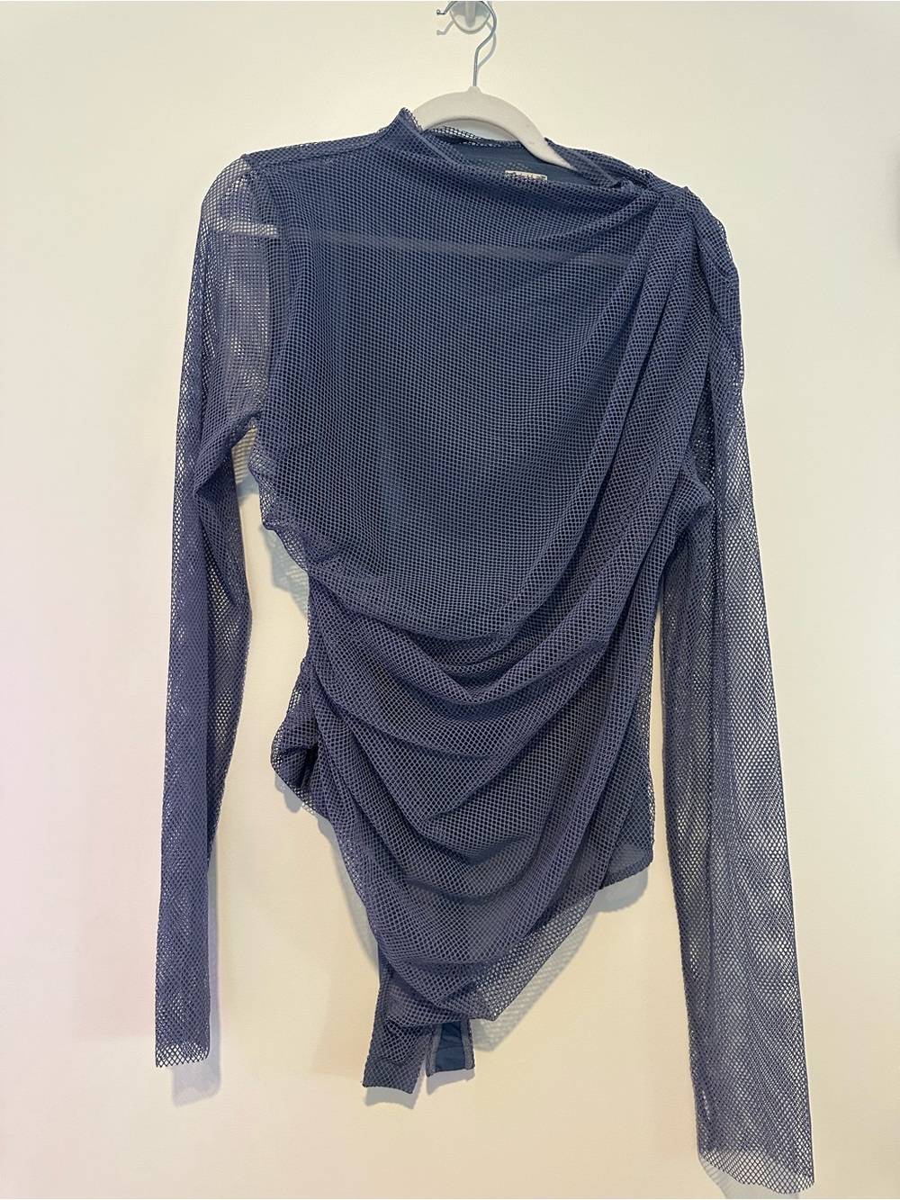 Free People Slate Blue Draped Mesh Long Sleeve Bodysuit